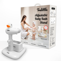 Trulittle adjustable baby bath stand with packaging on a white background