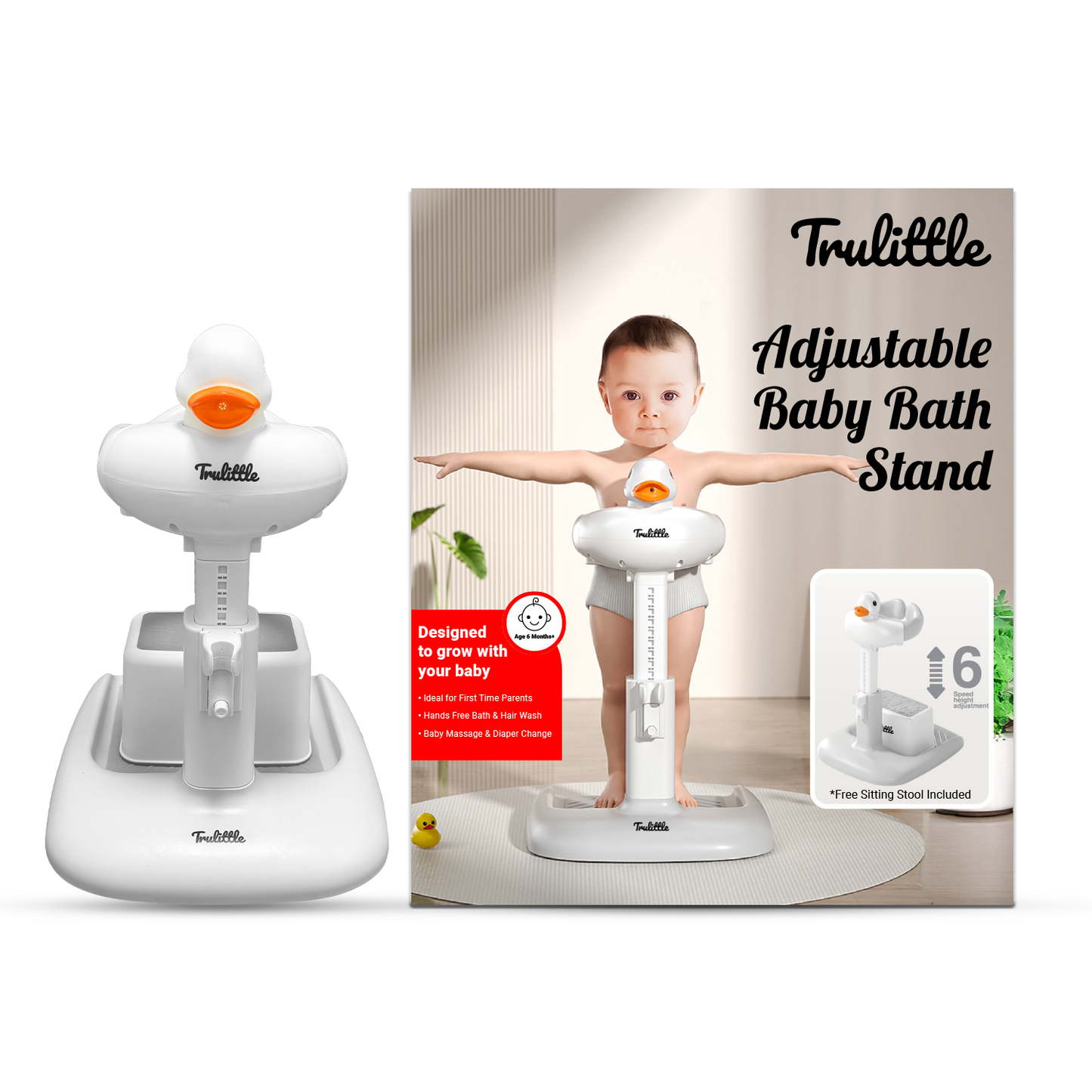 Trullittle adjustable baby bath stand with packaging featuring a child against a white background