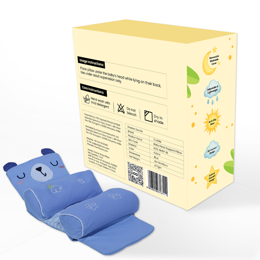 Trulittle Blue baby head support pillow with packaging on a white background