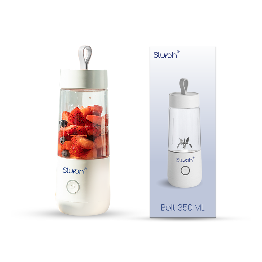 Slursh Bolt 350 ML portable blender with fruits inside next to its packaging on a white background
