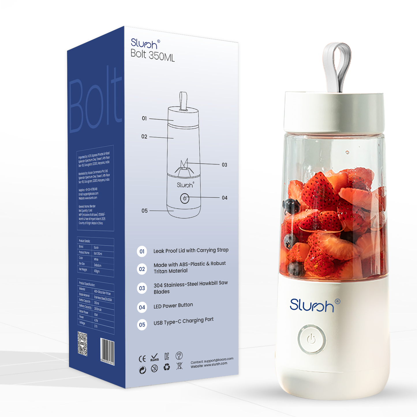 Slursh Bolt 350 ML portable blender with strawberries and a blue packaging box on a white background