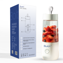 Slursh Bolt 350 ML portable blender with strawberries and a blue packaging box on a white background