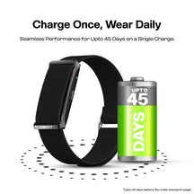 Qorfit pulse fitness tracker with battery graphic and text 'Charge Once, Wear Daily' on a white background featuring up to 45 days battery life