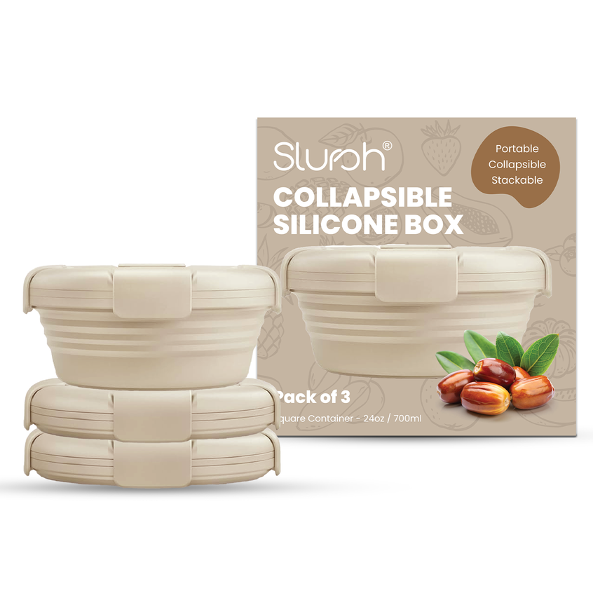 Beige Slursh Collapsible silicone boxes with packaging displaying Slursh branding on a white background