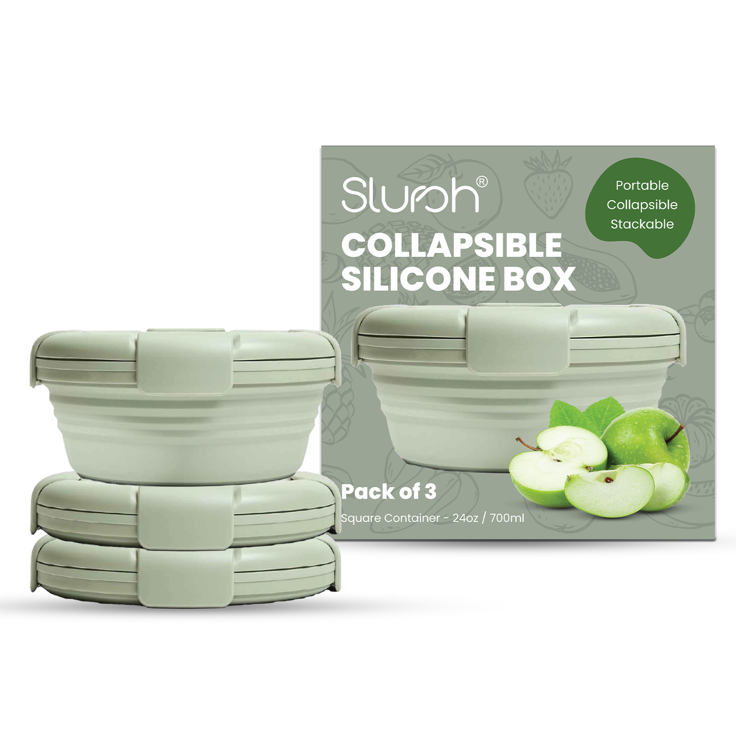 Green Slursh Collapsible silicone boxes packaging with green apples on a white background