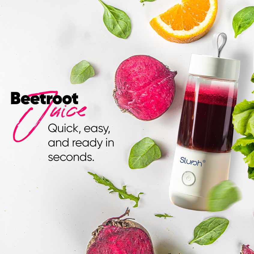 Slursh Bolt 350 ML portable blender with beetroot juice and ingredients on a white background