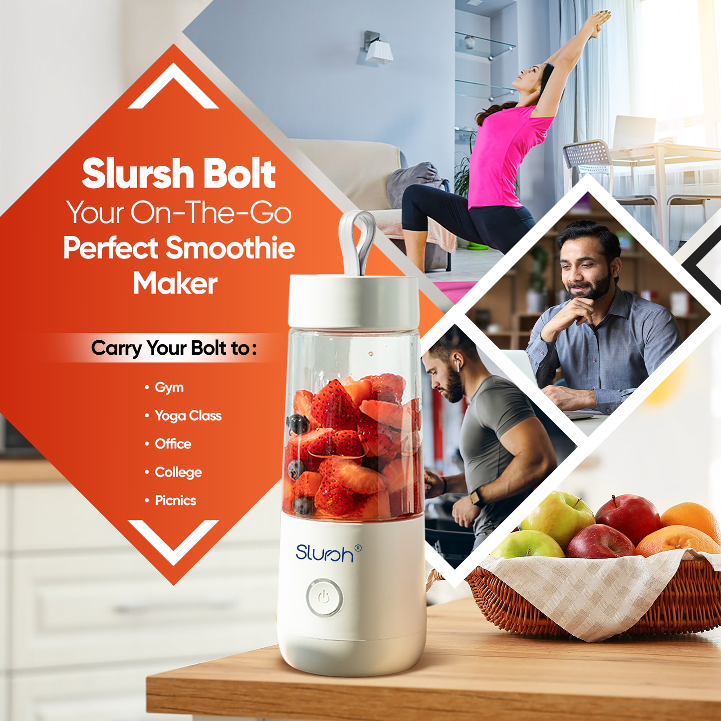 Slursh Bolt 350 ML portable blender  smoothie maker with fruits, people in various settings, and promotional text.