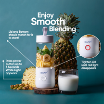 White Slursh Bolt 350 ML portable blender  with ingredients, pineapple, and glass of smoothie on a teal background with text on smooth blending.
