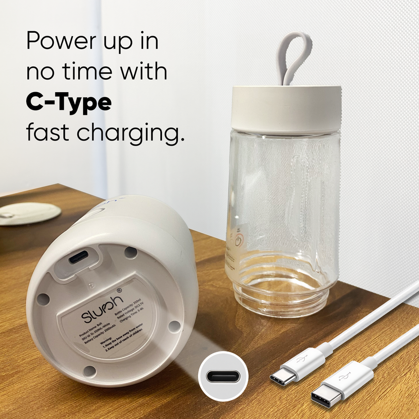 Slursh Bolt 350 ML portable blender with charging cable on a wooden surface