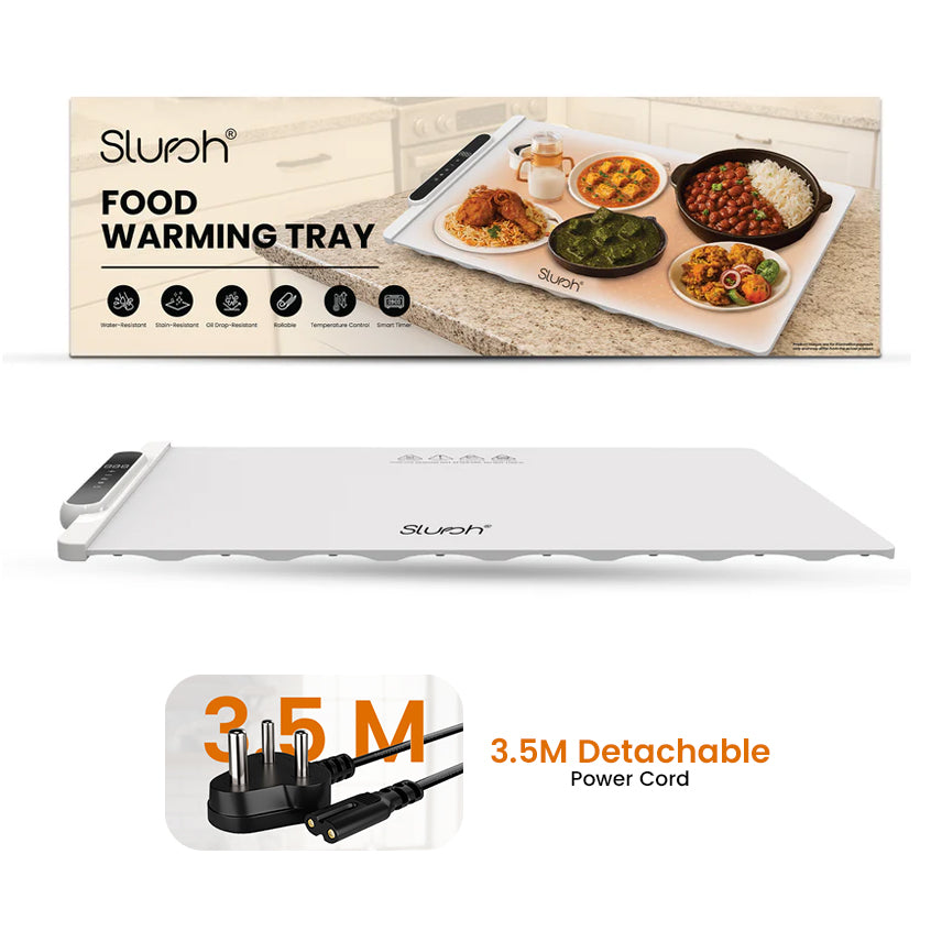 Slursh food warming tray with packaging and power cord on a white background