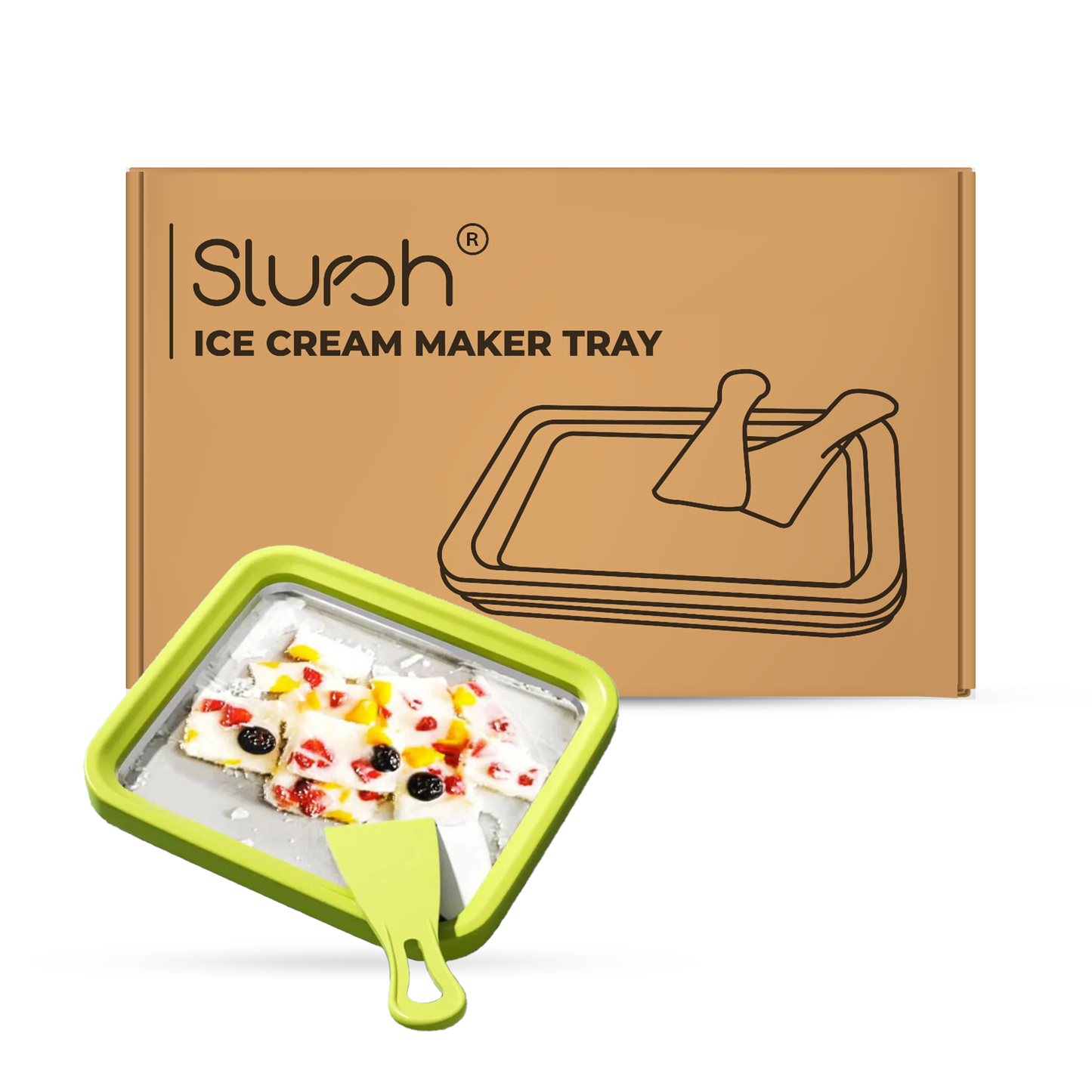 Slursh green Ice cream maker tray with green handle in front of Slursh branded box