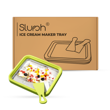 Slursh green Ice cream maker tray with green handle in front of Slursh branded box