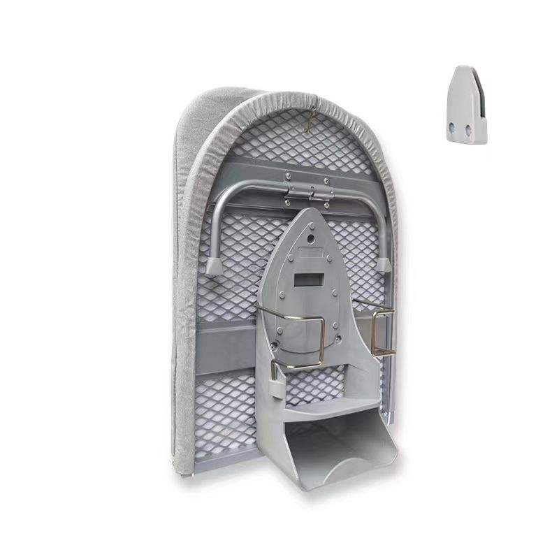 LivinH Gray Foldable ironing board with iron holder on a white background