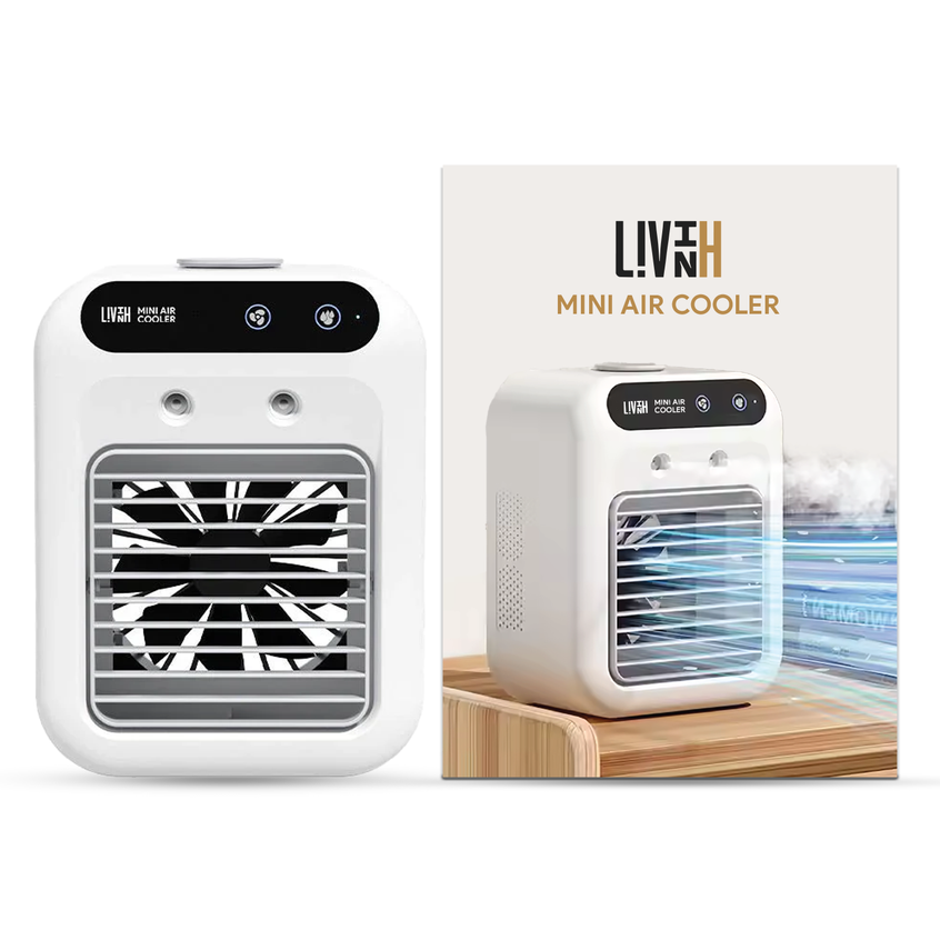 LivinH Mini air cooler with packaging displaying 'LivinH' brand on a white background