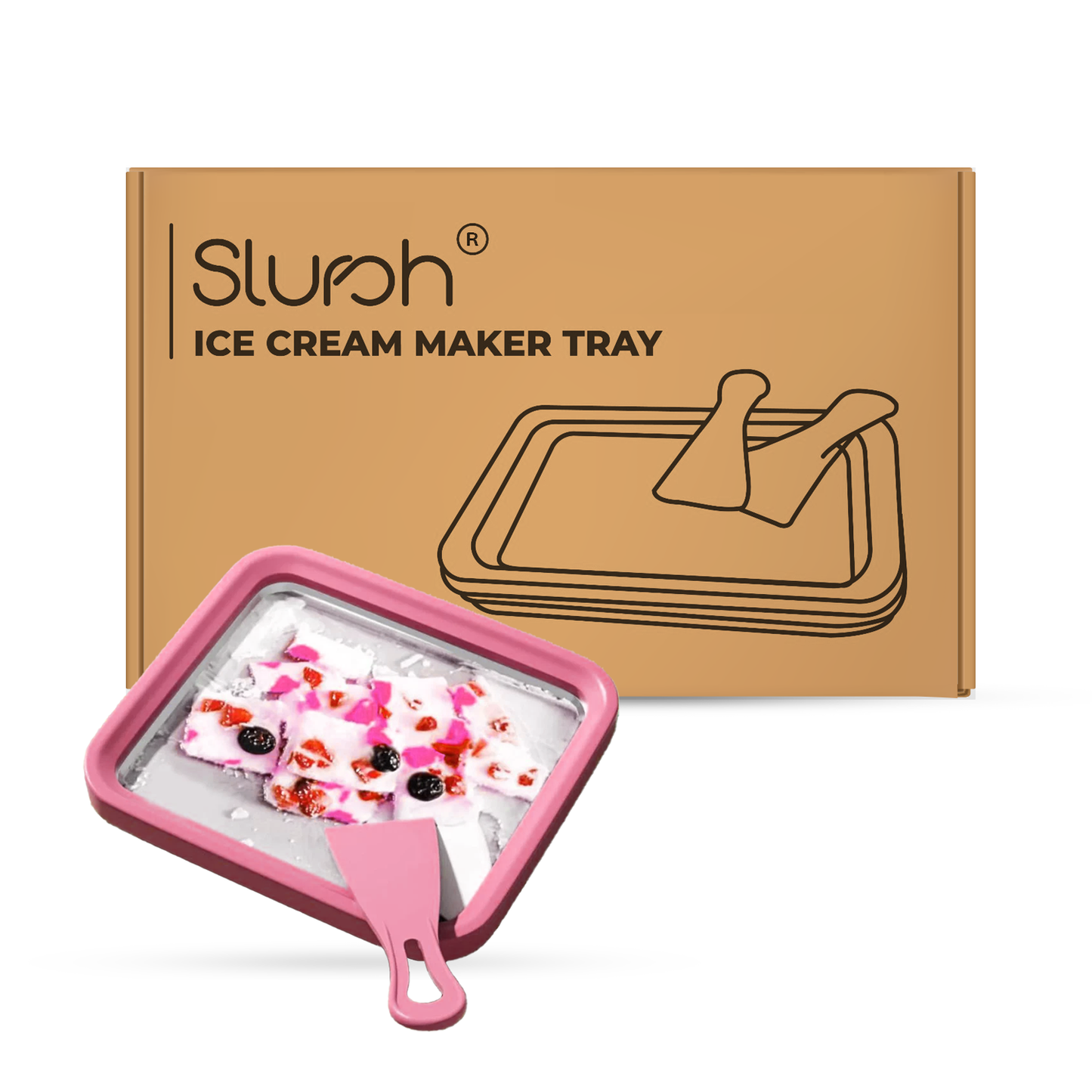 Slursh Pink ice cream maker tray with a box labeled 'Slursh Ice Cream Maker Tray' on a white background.
