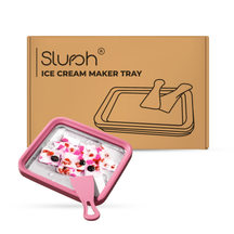 Slursh Pink ice cream maker tray with a box labeled 'Slursh Ice Cream Maker Tray' on a white background.