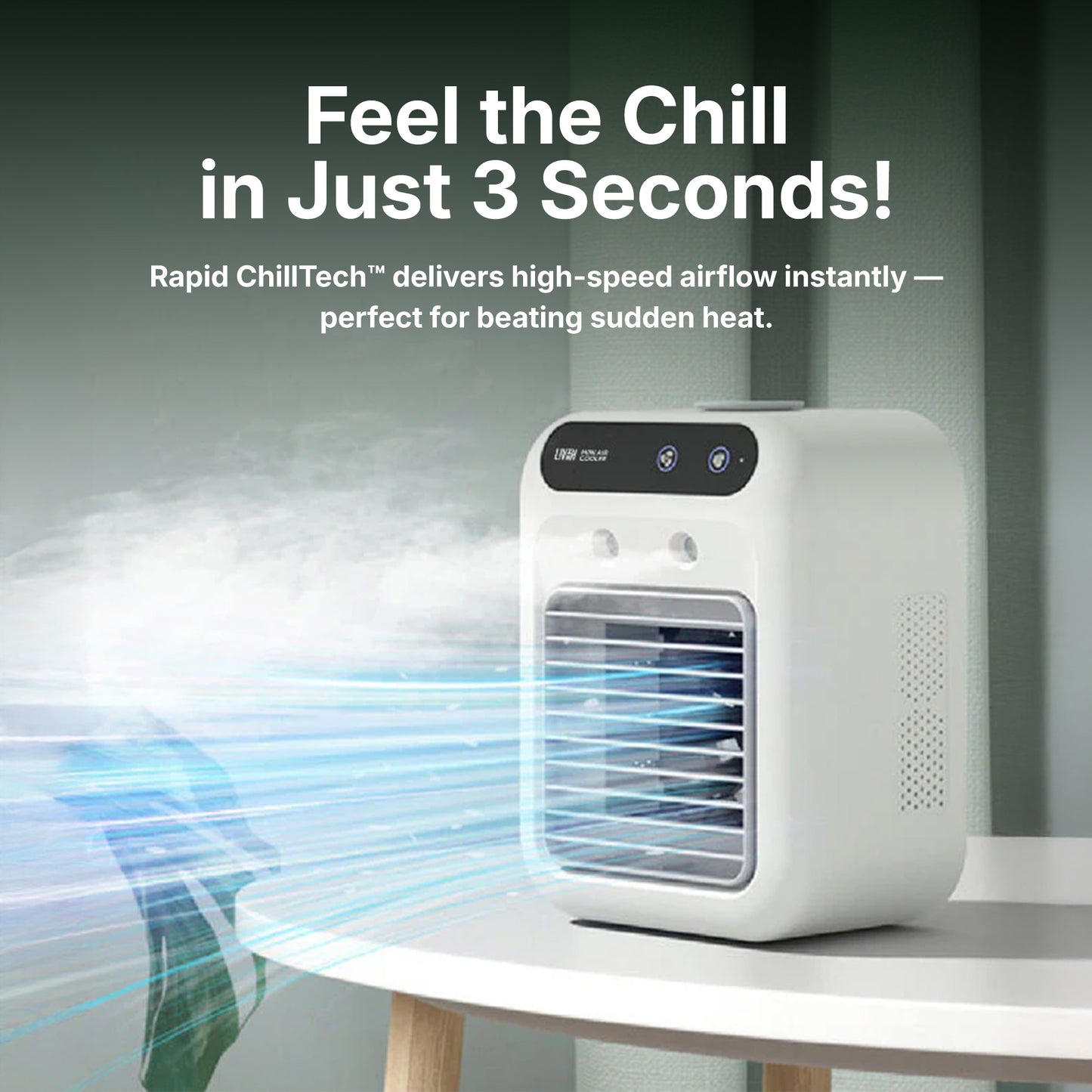 LivinH Portable Mini air cooler with text 'Feel the Chill in Just 3 Seconds!' on a neutral background