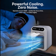 Mother and Baby sleeping with a mini air cooler emitting cool air, emphasizing powerful cooling and zero noise.