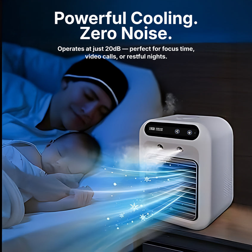 Mother and Baby sleeping with a mini air cooler emitting cool air, emphasizing powerful cooling and zero noise.