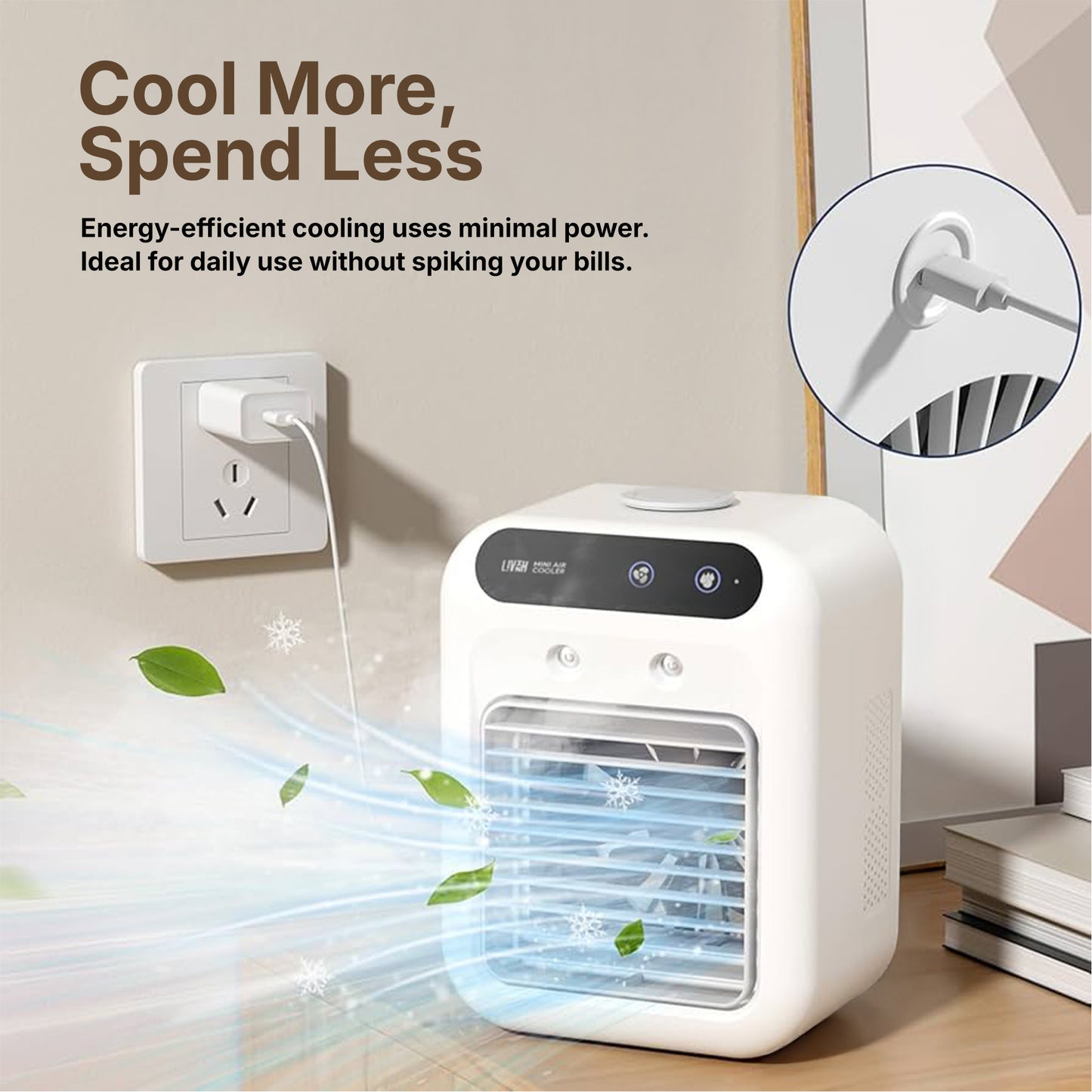 Energy efficient LivinH Mini Air Cooler with text on energy savings and minimal power usage.