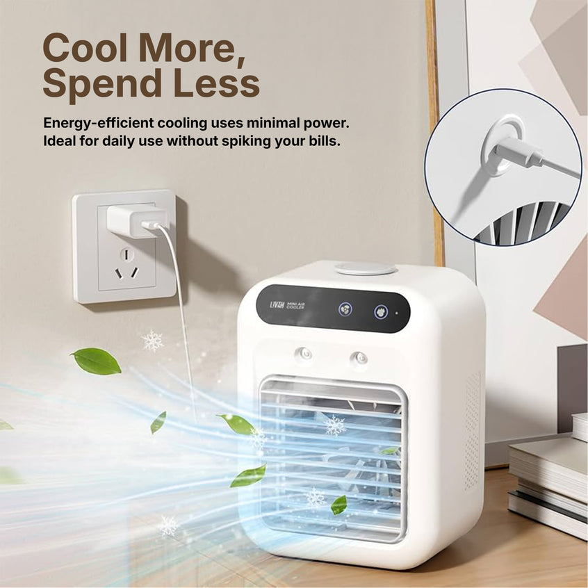 Energy efficient LivinH Mini Air Cooler with text on energy savings and minimal power usage.