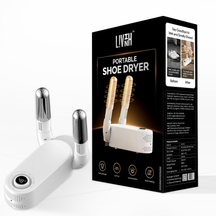LivinH Portable shoe dryer with its packaging on a white background