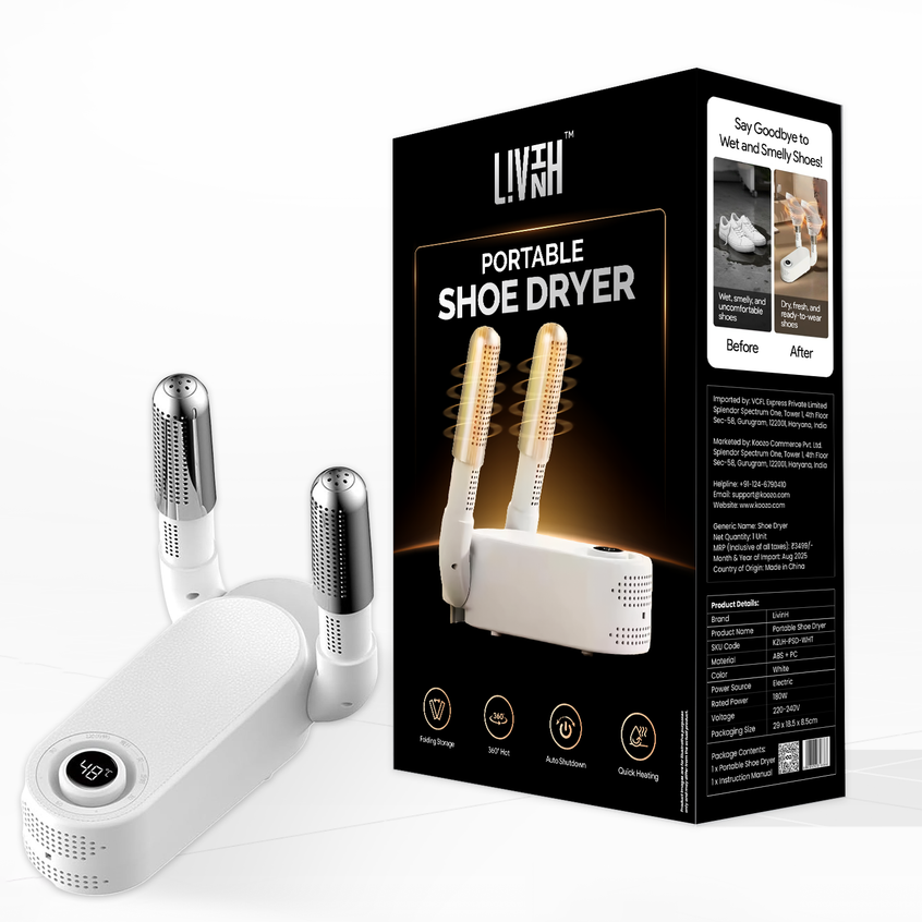 LivinH Portable shoe dryer with its packaging on a white background