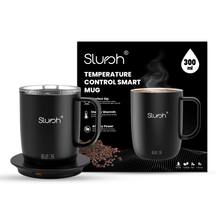 Slursh Black temperature control smart mug with packaging on a white background
