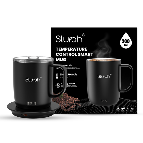 Slursh Black temperature control smart mug with packaging on a white background