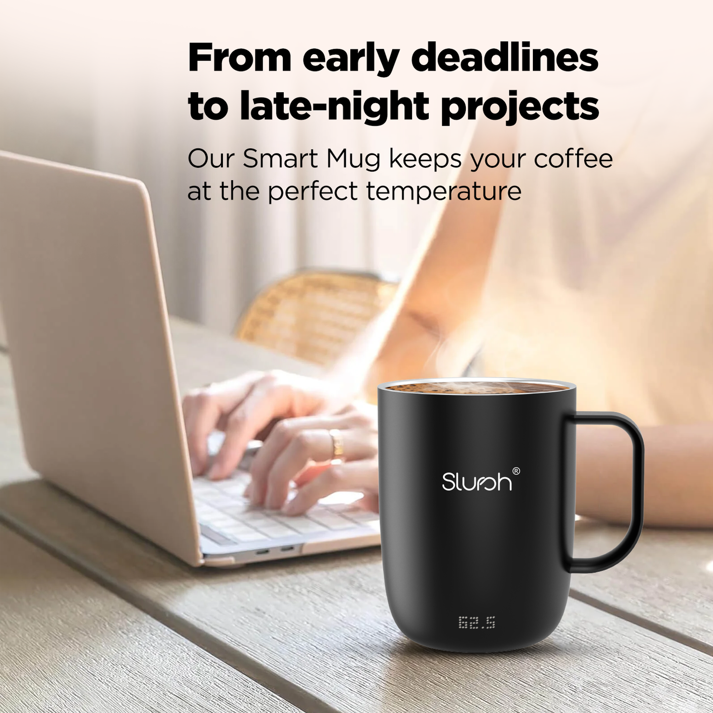 Slursh temperature control smart mug with 'Slursh' branding on a desk next to a laptop, with text about temperature control.