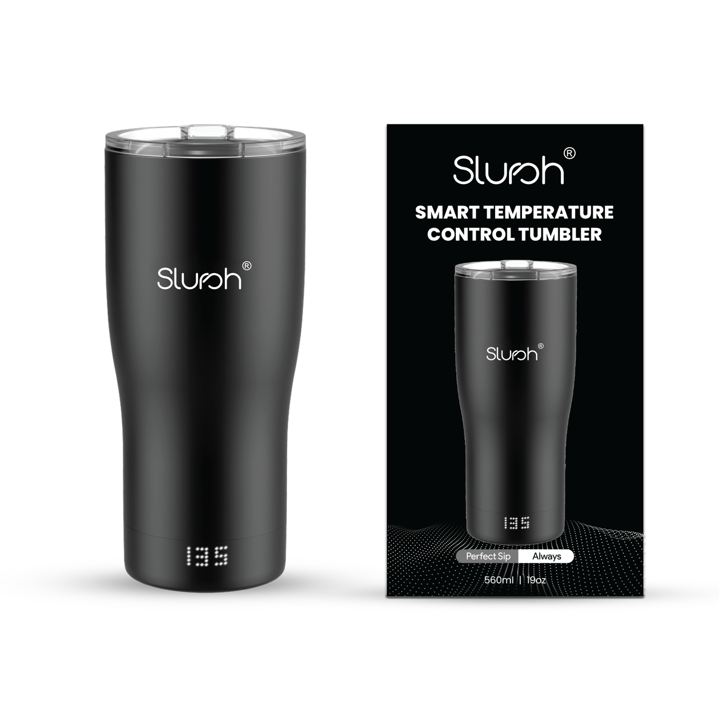 Black Slursh smart temperature control tumbler with packaging on a white background