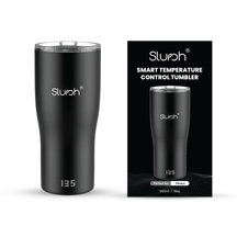 Black Slursh smart temperature control tumbler with packaging on a white background