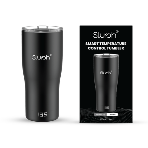 Black Slursh smart temperature control tumbler with packaging on a white background