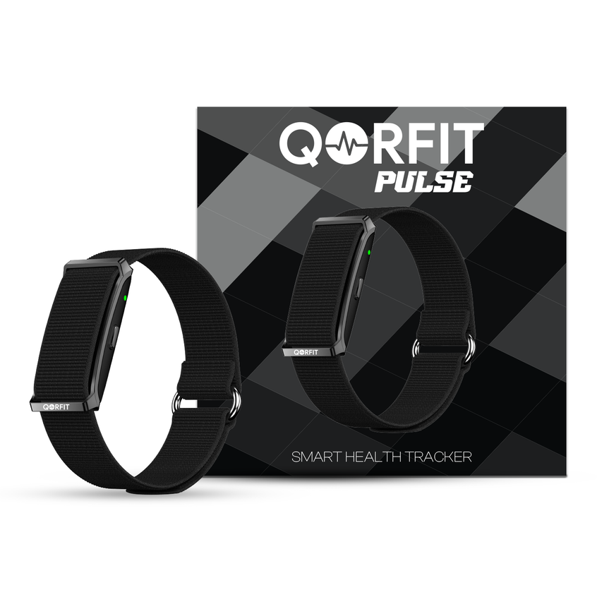 Qorfit pulse smart health tracker with Qorfit packaging on a white background