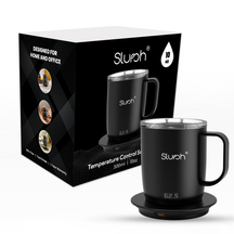 Slursh temperature control smart mug feature and packaging displaying 'Slursh' brand.