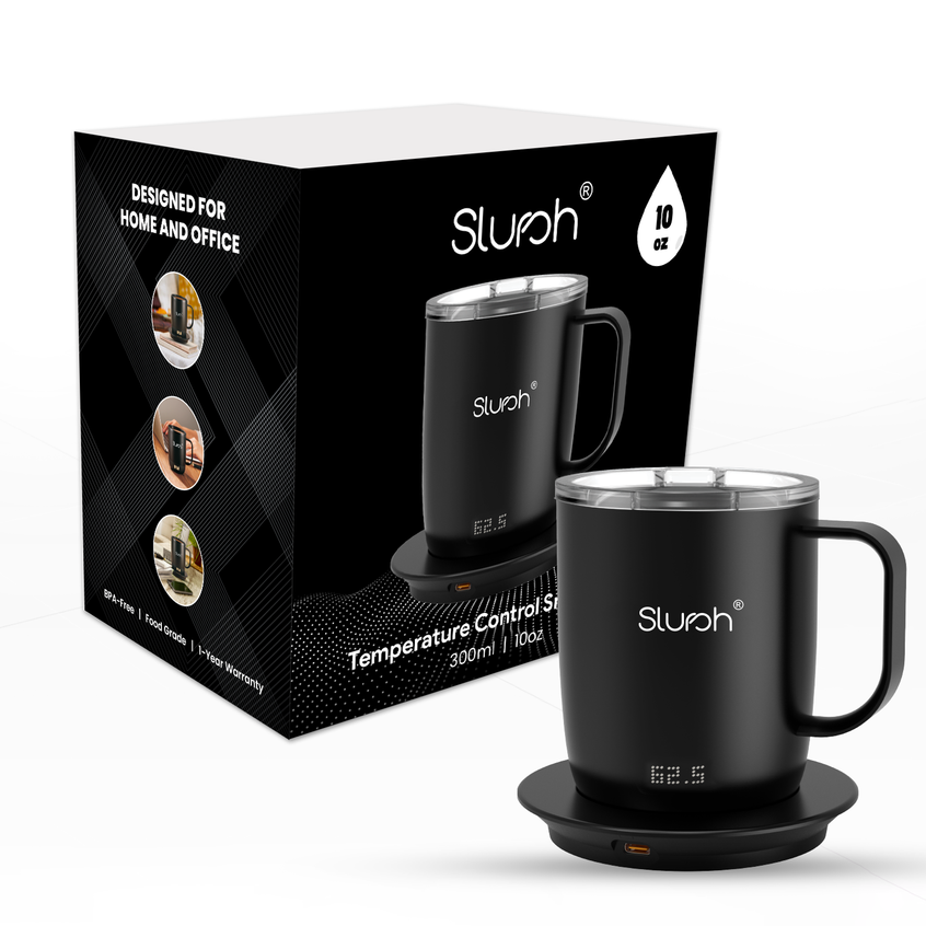Slursh temperature control smart mug feature and packaging displaying 'Slursh' brand.