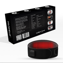 Nuwelo ThermaWave Vibration Belt with red light on a white background, next to its packaging box.