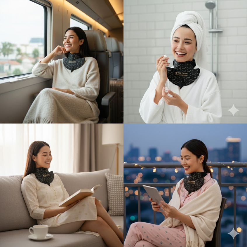 Collage of a woman wearing the Viva Glam LED Neck Therapy Mask in various settings.