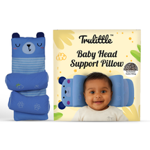 Trulittle baby head support pillow with cartoon bear design next to a child using the pillow, on a white background.