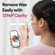 Girl using Nuwelo Clear Ear Wax Removal tool with smartphone app, text 'Remove Wax Easily with 1296P Clarity'.