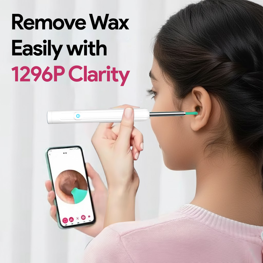Girl using Nuwelo Clear Ear Wax Removal tool with smartphone app, text 'Remove Wax Easily with 1296P Clarity'.