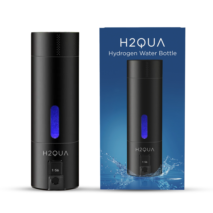 H2QUA hydrogen water bottle with blue light on a white background
