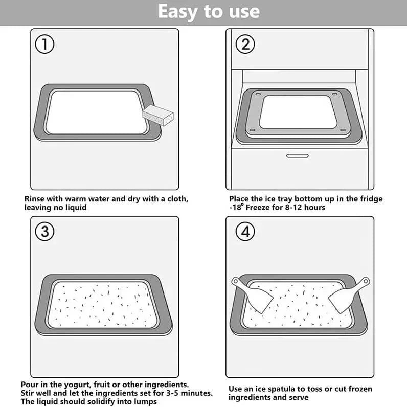Step-by-step guide for using an ice cream making tray with text instructions.