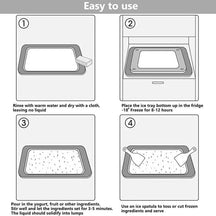 Step-by-step guide for using an ice cream making tray with text instructions.