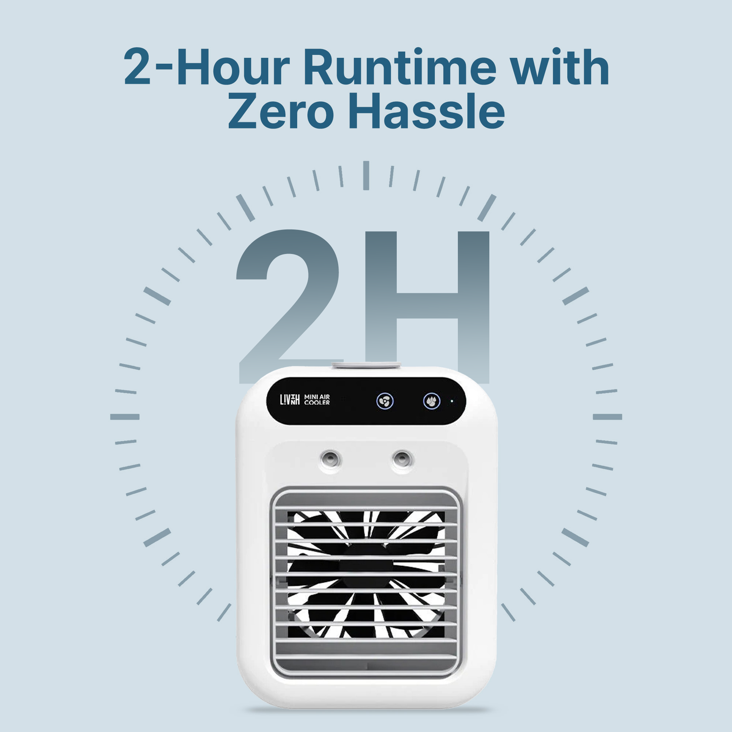 LivinH Portable Mini Air Cooler with 2-hour runtime text on a light blue background