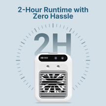 LivinH Portable Mini Air Cooler with 2-hour runtime text on a light blue background