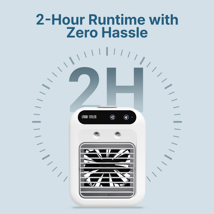 LivinH Portable Mini Air Cooler with 2-hour runtime text on a light blue background