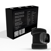 Nuwelo InfraHeat Vibration Patch with black band and packaging box on a white background