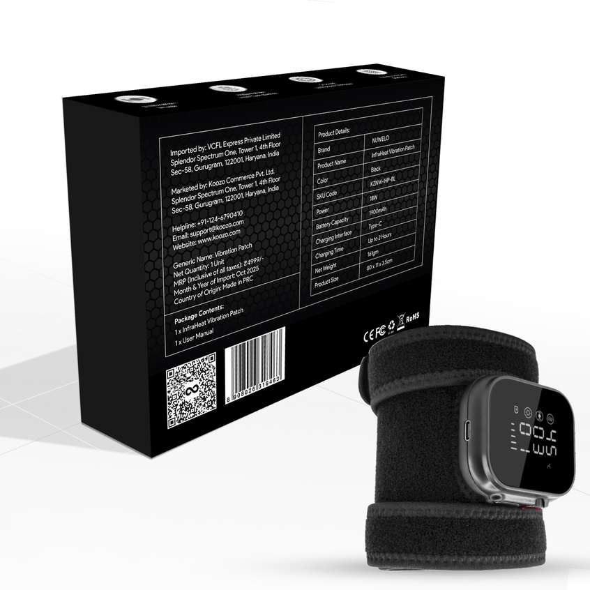 Nuwelo InfraHeat Vibration Patch with black band and packaging box on a white background