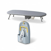 LivinH Gray Foldable ironing board with a iron on a white background